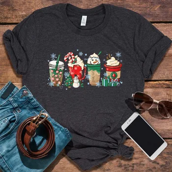 Noel Kahve Gömlek Buzlu Latte Kardan Adam Tatlılar Kar Kış Kadın Tshirt Noel Latte Gömlek Estetik Kadın Giyim