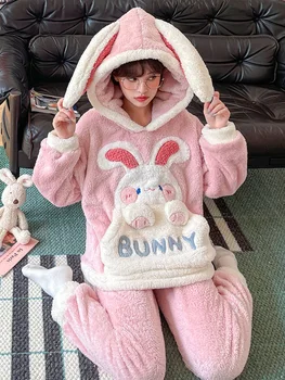 Japonya Kawaii Lolita Pijama Setleri Kadınlar Sevimli Tavşan Kulak Kapşonlu Pijama Kızlar Kış Tatlı Ev Giysileri Salonu İki Adet Pijama