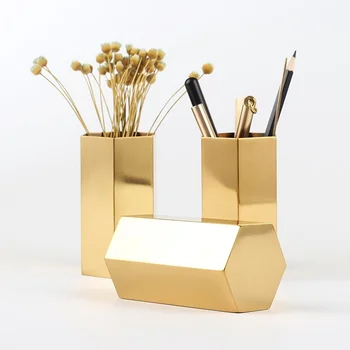 Altıgen kalemlik Paslanmaz Çelik Metal Masaüstü Süs İskandinav Kırtasiye Kalem Eklemek Altın Vazo makyaj fırçası saklama kutusu