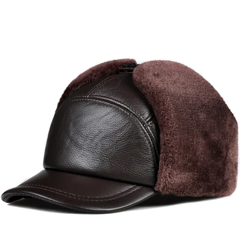 Kış Erkekler 100 % Hakiki Deri Faux Kürk Şapka Erkek Sıcak Etiketi Kalın Kadife Bombacı Şapkalar Yaşlı Kış Kulaklığı Moto Rüzgar Geçirmez Kar Kapaklar