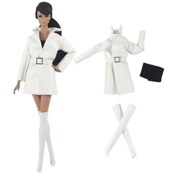Beyaz deri giyim seti / uzun ceket + üst + çorap / oyuncak bebek giysileri kıyafet 30cm Xinyi FR ST barbie bebek / kız oyuncak Noel