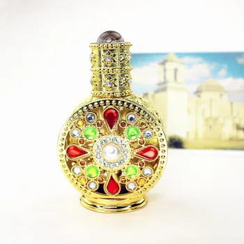 1 ADET 12ml Antika Metal Parfüm Şişesi Arap Tarzı Uçucu Yağlar Cam Damlalıklı Şişe Altın Rengi