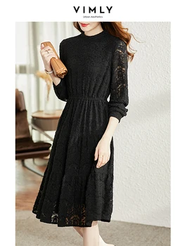 VİMLY Moda mizaç dantel elbise Kadınlar 2021 sonbahar ve kış Uzun Kollu fırçalanmış siyah Uzun Elbiseler Kadın Vestido V0186