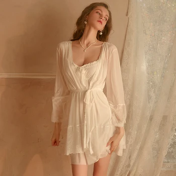 Jxgarb Lüks kadın Şeffaf İnce Şifon Dantel İki Adet Robe elbise Kostümleri Pijama Kadın İç Çamaşırı Setleri Sıcak Satış