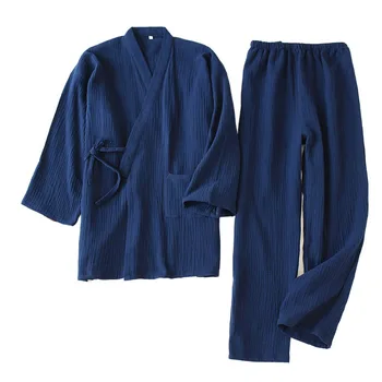 Kimono Pijama Set Düz Renk Pamuk Krep Taze Çift Gecelik Erkek Kadın Gevşek Uzun Kollu Pantolon Pijama Pijama Set