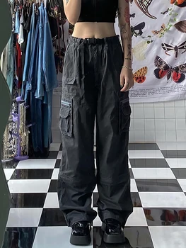 Sıfreyr Vintage Gri Baggy Kargo Kot Yüksek Bel Büyük Cepler Casual Boy Denim Pantolon Y2K Grunge Pantolon Sokak Sweatpants