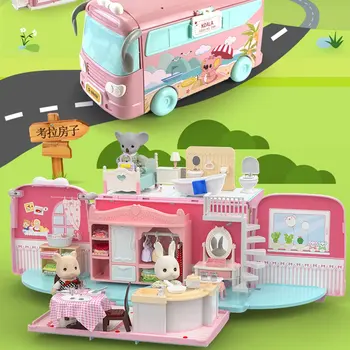 Dollhouse Otobüs Ekmek Dükkanı Dubleks Oyna Pretend Araba Oyuncak Japonya Orman Hayvan Tavşan Ayı Sincap Koala Aile Yatak Odası Mutfak Kızlar