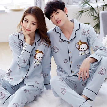 2023 Bahar Çift pamuklu uzun kollu tişört Pijama Setleri Kadınlar için Sevimli Karikatür Pijama Pijama Gecelik Pijama Mujer Erkekler Ev Giysileri