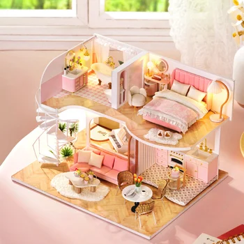 DIY Casa ahşap bebek evi minyatür yapı kitleri prenses odası Dollhouse mobilya ışık Villa oyuncaklar kızlar için noel hediyeleri