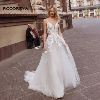 RODDRSYA Plaj Boho düğün elbisesi 2022 Kadınlar İçin Seksi Dantel Aplikler gelin kıyafeti V Yaka Backless Gelin Elbise Vestidos De Novia