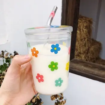 Renkli Çiçek Borosilikat cam kahve pipetli bardak Kapaklı 350ml Şeffaf Kavanoz içecek bardakları Saman Süt Bardak Yetişkinler ve Çocuklar için