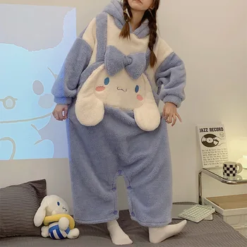 Kawaii Sanrios Anime Cinnamoroll Karikatür Kız Flanel Pijama Kapşonlu Onesies Kış Pijama Tulum Gecelik Çocuk Kız Hediye