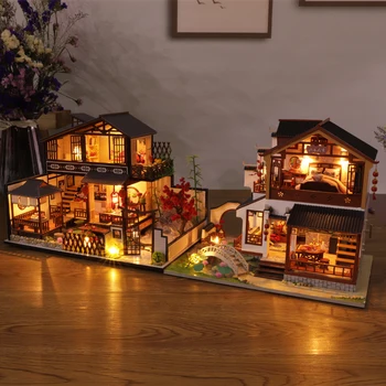 DIY Ahşap Bebek Evi Kiti Minyatür Mobilya Japon Casa Dollhouse Monte Yazlık Oyuncaklar Kızlar için Noel Hediyeleri