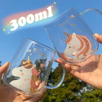 Sevimli unicorn şeffaf cam kapaklı bardak kaşık kolu kupa kız ev ofis yaratıcı kişilik ısıya dayanıklı çay bardağı