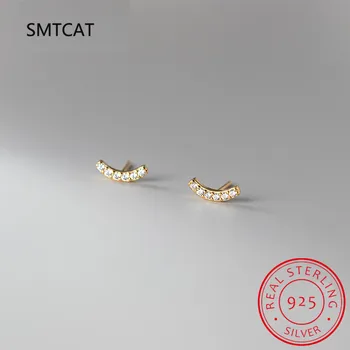 SMTCAT Hakiki 925 Ayar Gümüş Açacağı Kristal Zirkon Geometrik Gülümseme Mini Küçük Saplama Küpe Kadınlar için Şık Parti Takı