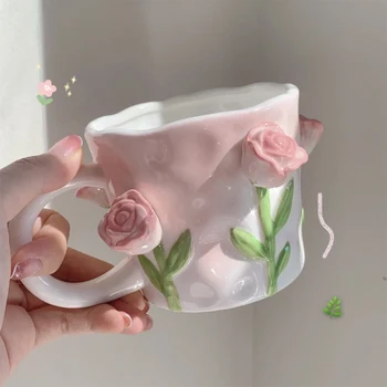 Joylove Üç Boyutlu Kabartma Lale Kupa Ins Tarzı El-boyalı Tasarım Duygusu Niş Çift Kız Kalp seramik fincan Kız