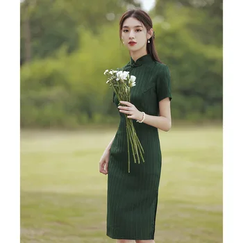 Yeşil Çin Cheongsam Eski Ince Kadın Yaz Akşam Elbise Zarif Orta Uzun Elbiseler Qipao