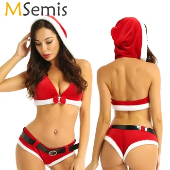Kadınlar Sıcak Egzotik Noel Baba Kostüm Kırmızı Seksi Noel iç çamaşırı seti Striptizci Giysi Kapşonlu Mahsul Tops Bodydoll Külot Kemer