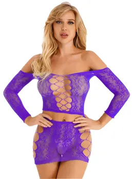 Bayan Hollow Out Fishnet Kıyafet See - through Kapalı Omuz Uzun Kollu Kırpma Üst Mini Etek ile Gece Kulübü Sevgililer Günü Hediyesi