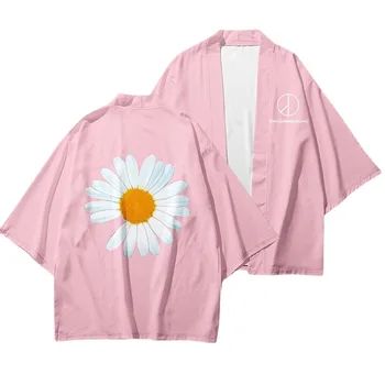 Geleneksel Pembe Haori Kimono Kadın Erkek Japon Harajuku Streetwear Tam Çiçekler Baskı Hırka Plaj Yukata Giyim Tops