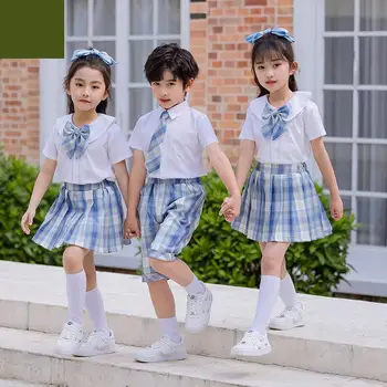 Yeni Jk okul üniforması Takım Elbise Akademi Tarzı Kısa Kollu Gömlek Ekose Pilili Etek Kız Erkek Performans Sınıfı Kostüm Sahne Giyim
