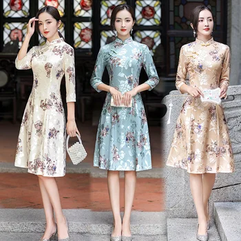 Cheongsam Ince Uzun Kollu Kadın Hanfu çin elbisesi Elbise Orientale Vestido Chino Modern Vintage Qipao Ulusal Tarzı Moda