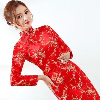 Kırmızı Çin Gelin düğün elbisesi Seksi Kadın Saten Uzun Kollu Akşam Parti Qipao Cheongsam Çiçek Resmi Sosyal Vestidos