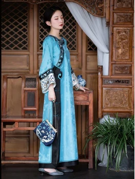 Taklit İpek TangZhuang Qipao Elbiseler Mavi Baskı Cheongsam Elbise Büyük Boy Cheongsam'lar Geleneksel Uzun Qipao çin elbisesi