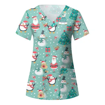 Noel hemşire üniforması Bayan Karikatür Noel Baba Baskı Hemşire Çalışma Bluz Cepler Tunik Noel Tıbbi Sağlık Bakıcı Scrubs