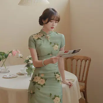 Yeni Kız Cheongsam Zarif Retro Baskılı Elbise Yaz Oryantal Qipao Parti 2021 Uzun Yeşil Cheongsam