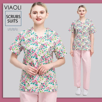 Scrubs Tops Yeni Kadın Moda Kısa Kollu boyun Üstleri Baskı çalışma üniforması Bluz Gömlek Uniformes Doktor Cerrahi Diş Giysileri