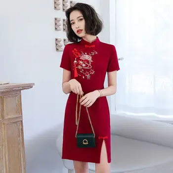 Vintage Kırmızı Cheongsam Elbise Kadın Geleneksel Çin Elbiseler Klasik Streç Pamuk Qipao Kostüm Yaz Parti Vestido Chipao