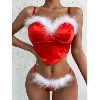 Noel Lencerie Şehvetli Mujer İç Çamaşırı Tüy kadın iç çamaşırı Seti Saten Sütyen Ve Thongs Seksi iç çamaşırı seti Egzotik Kostümleri