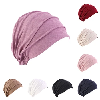 2022 Yeni Elastik Pamuk Türban Şapka Düz Renk Kadın Sıcak Kış Başörtüsü Kaput İç Hicap Kap Müslüman Başörtüsü Femme Wrap Kafa