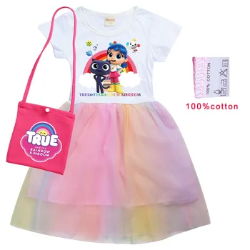 Sevimli Gerçek Gökkuşağı Krallık T Shirt Gökkuşağı Gazlı Bez Örgü Elbise + çanta Çocuklar günlük kıyafetler Bebek Kız Prenses Elbiseler Çocuk Vestidos