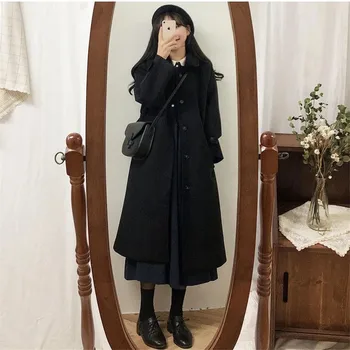 Kadın Siyah Uzun Ceket Moda Kore Tiki Tarzı Retro Çok Yönlü Rüzgarlık Rahat Sıcak Yün Ceket 2021 Sonbahar Kadın Dış Giyim