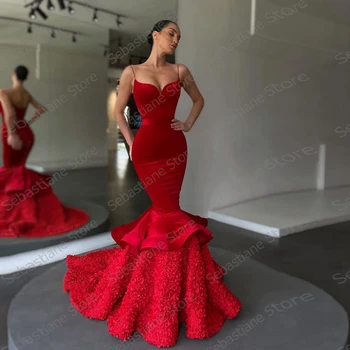 Kırmızı Zarif balo kıyafetleri Uzun Mermaid Sweetheart Spagetti Askı Ruffles Artı Boyutu Kadınlar Örgün Durum Parti Pageant Törenlerinde