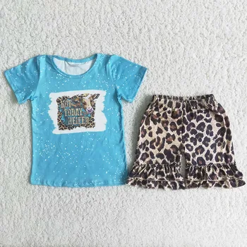 Yeni Varış Çocuk Giysileri Yaz Toddler Kız İnek Baskı Üst Ve Leopar şort takımı Moda Butik Giyim Seti