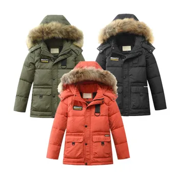Çocuk pamuklu ceket Erkek Orta uzunlukta Kürk Yaka Kalınlaşmış Kış Çocuk Giyim Kapşonlu Palto Katı Rüzgar Geçirmez Sıcak Giyim