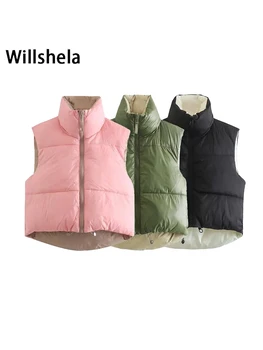 Willshela Kadınlar Geri Dönüşümlü Jile Ceket Kolsuz Puf Yelek Yüksek Yaka Moda Casual Streetwear Kadın Yelek Üstleri veste