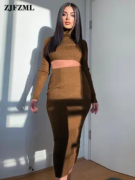 Sonbahar Kış Nervürlü 2 Parça Eşleşen Setleri Kadın Takım Elbise Vintage Balıkçı Yaka Uzun Kollu Kazak ve Sıkı Sıska Uzun Etek