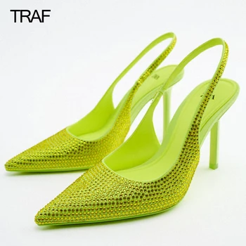 TRAF Kadın Sandalet Taklidi Topuklu Slingback Düğün Pointe ayakkabı Kadın Pompaları Yaz 2022 Yüksek Topuklu Kırmızı Yeşil Topuklu Sandalet