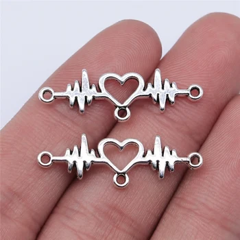 WYSIWYG 10 adet 31x10mm Antik Gümüş Renk Kalp Ekg Bağlayıcı Charms Takı Yapımı İçin DIY Takı Bulguları