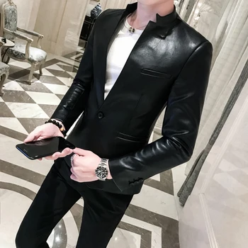 2022 erkek Katı Siyah İnce Takım Elbise Ceket Yüksek Kaliteli PU Deri Ceket erkek İş Rahat Balo Blazer erkek Kore Blazer