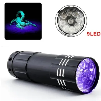 Ultraviyole 9 LED el feneri mor ışık UV Torch lambası AAA pil Mini taşınabilir su geçirmez para dedektörü Torch fener
