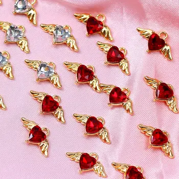 10 Adet Toptan Melek Kanatları Kristal Kalp kolye uçları Altın Metal Aksesuarları Delikli Yüksek Kalite DİY Takı Bulguları