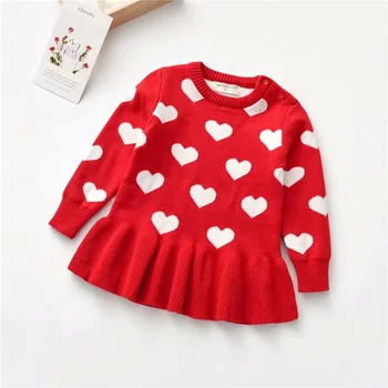 Tatlı Çocuklar Bebek Kız sevgililer Günü Elbise, yün Örgü Kazak Kalp Baskılı Dantel Kısa Etek Kazak Sonbahar 1-5Years