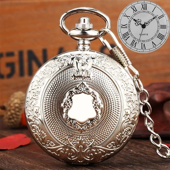 Steampunk Gümüş cep saati El İşi Oyma Kalkan Tasarım Kuvars Yelek cep saati Saat 30cm Bel Kanca Zinciri