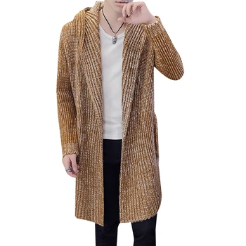 Sonbahar Kış erkek Uzun Kazak ceket Düz Renk Uzun Kollu kapüşonlu süveter Giyim Erkek Rahat Kazak Hırka X9217