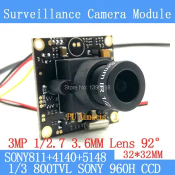 32 * 32mm Gözetim kamera 800TVL 1/3 Effio CCD Sony 811+4140+5148 CCTV kamera modülü, 3MP + 3.6 mm lens 92 derece + BNC / OSDCable